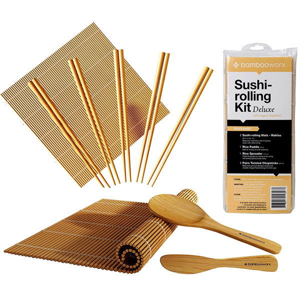 Delamu Sushi Making Kit, Bamboo Sushi Mat, Including 2 Sushi Rolling Mats,  5 Pairs of Chopsticks, 1 Paddle, 1 Spreader, 1 Beginner Guide PDF, Beginner